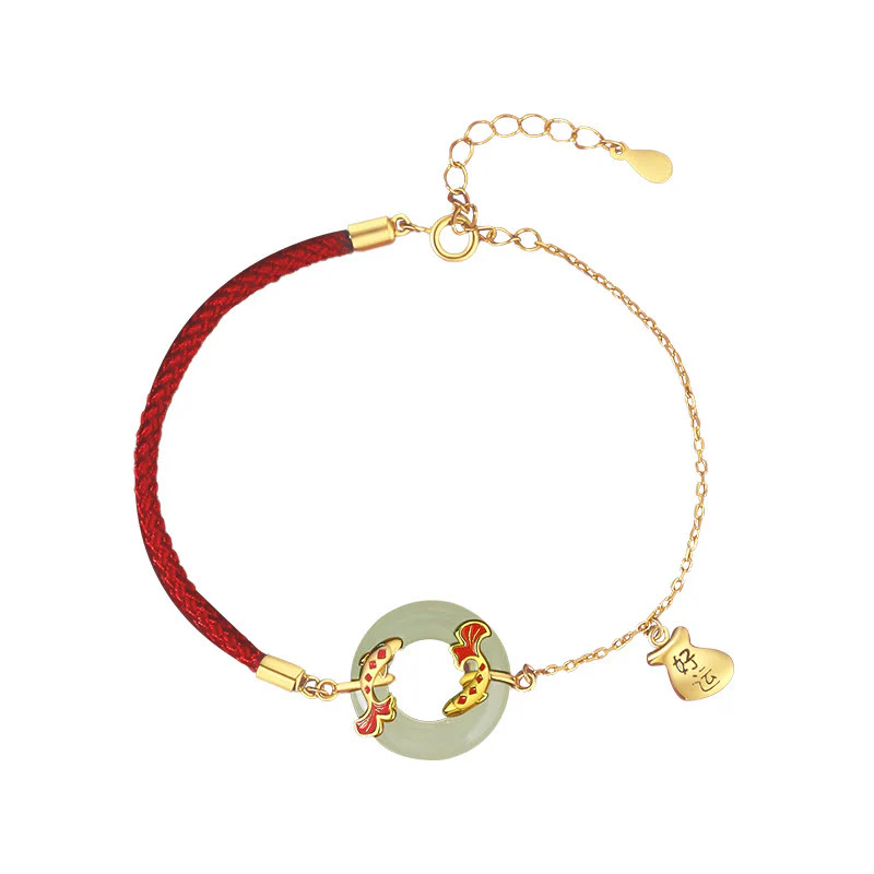 Buddha Stones 999 Sterling Silver Hetian White Jade Double Koi Fish Peace Buckle Lucky Charm Wealth Bracelet