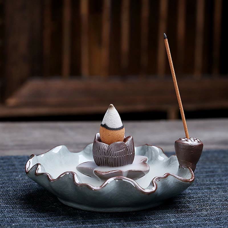 Buddha Stones Lotus Plum Blossom Square Ceramic Spiritual Backflow Incense Burner