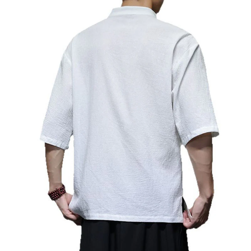 Buddha Stones Casual Plain Chinese Frog-Button Stand Collar Cotton Linen Men's Shirt