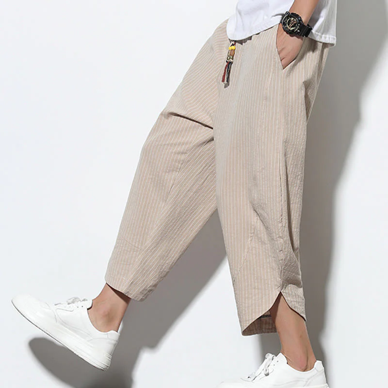 Buddha Stones Summer Stripes Pattern Drawstring Cotton Linen Men's 7-8 Length Harem Pants With Pockets