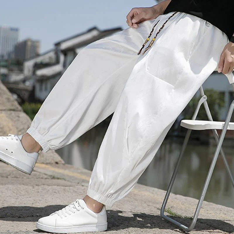 Buddha Stones Summer Ice Silk Jacquard Bamboo Pattern Men's Drawstring Cotton Pants With Pockets