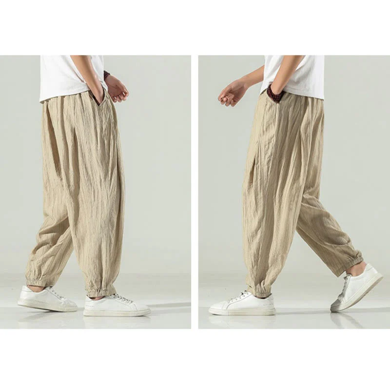 Buddha Stones Cotton Men's Drawstring Harem Pants With Pockets