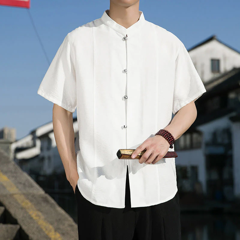 Buddha Stones Summer Solid Color Front Button Design Men's Half Sleeve Cotton Shirt