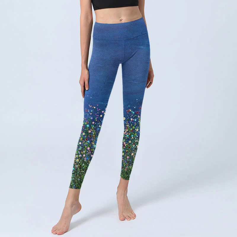 Buddha Stones Grass Flower Pattern Print Gym Leggings Women's Yoga Pants