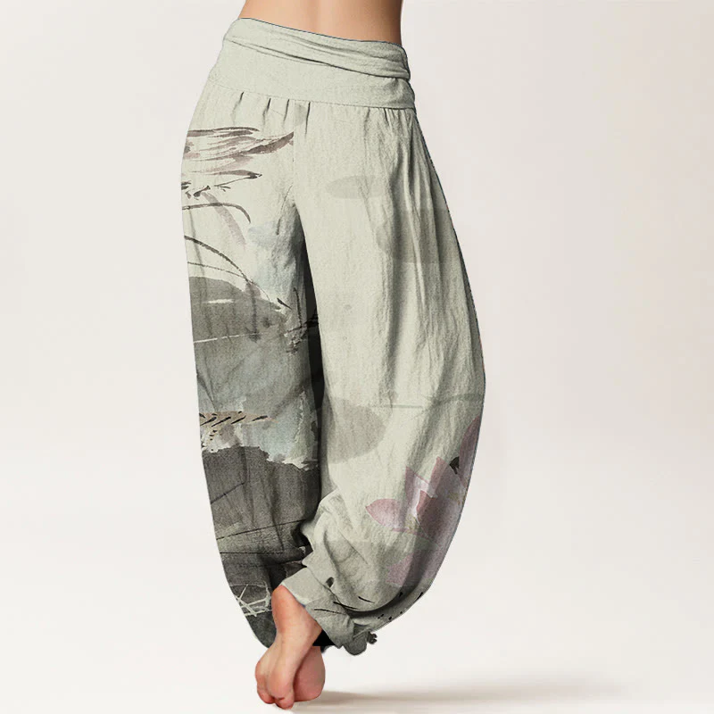 Buddha Stones Pure Cotton Pink Lotus Leaves Bird Pattern Women's Elastic Waist Harem Pants