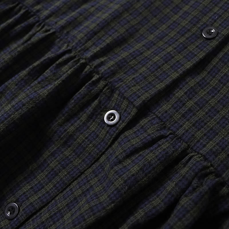 Buddha Stones Casual Plaid Simple Buttons Ruffled Design Cotton Linen Midi Dress With Pockets
