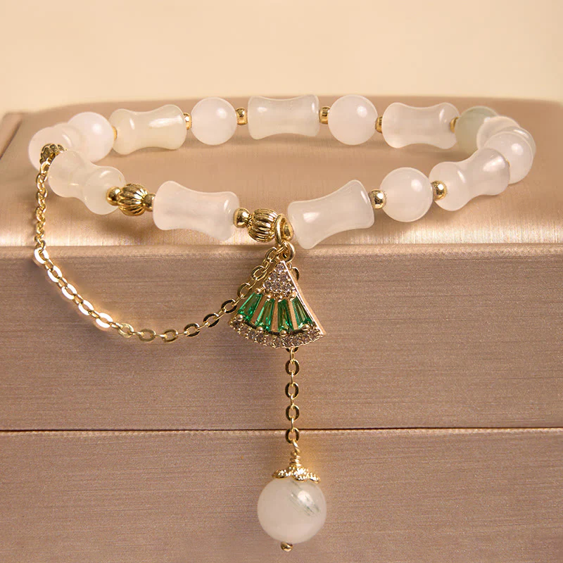 Buddha Stones Tianshan White Jade Bamboo Pattern Luck Blessing Bracelet