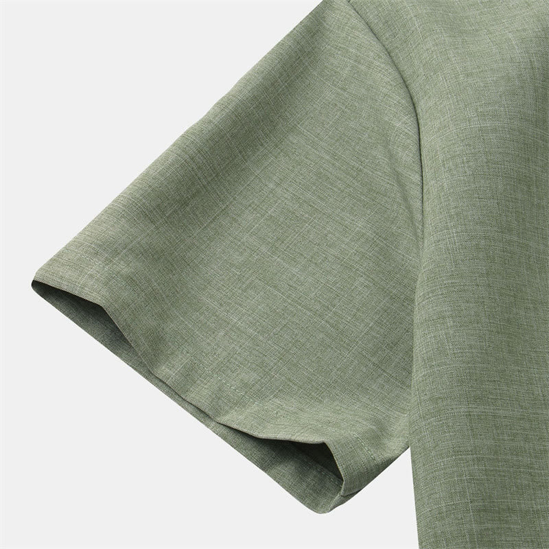 Buddha Stones Summer Men's Button Plain Short Sleeve Cotton Shirt With Pocket