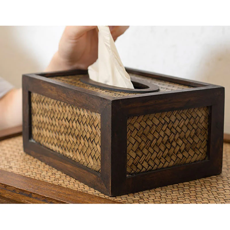 Buddha Stones Handmade Bamboo Woven Wood Tissue Box Wooden Tissue Holder Wipes Boxes Decoration