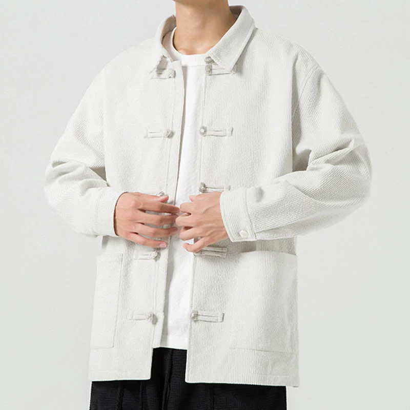 Buddha Stones Long Sleeve Frog-button Design Men's Polyester Jacket Shirt With Pockets