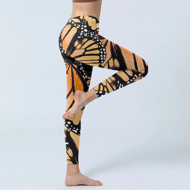Buddha Stones Yellow Butterfly Print Exercise Leggings Women's Yoga Pants