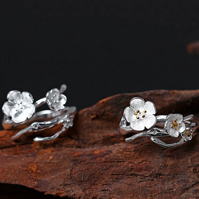Buddha Stones 925 Sterling Silver Plum Bossom Balance Ring