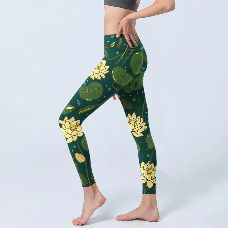 Buddha Stones Blooming Lotus Flower Lotus Leaves Pattern Print Gym Leggings Women's Yoga Pants