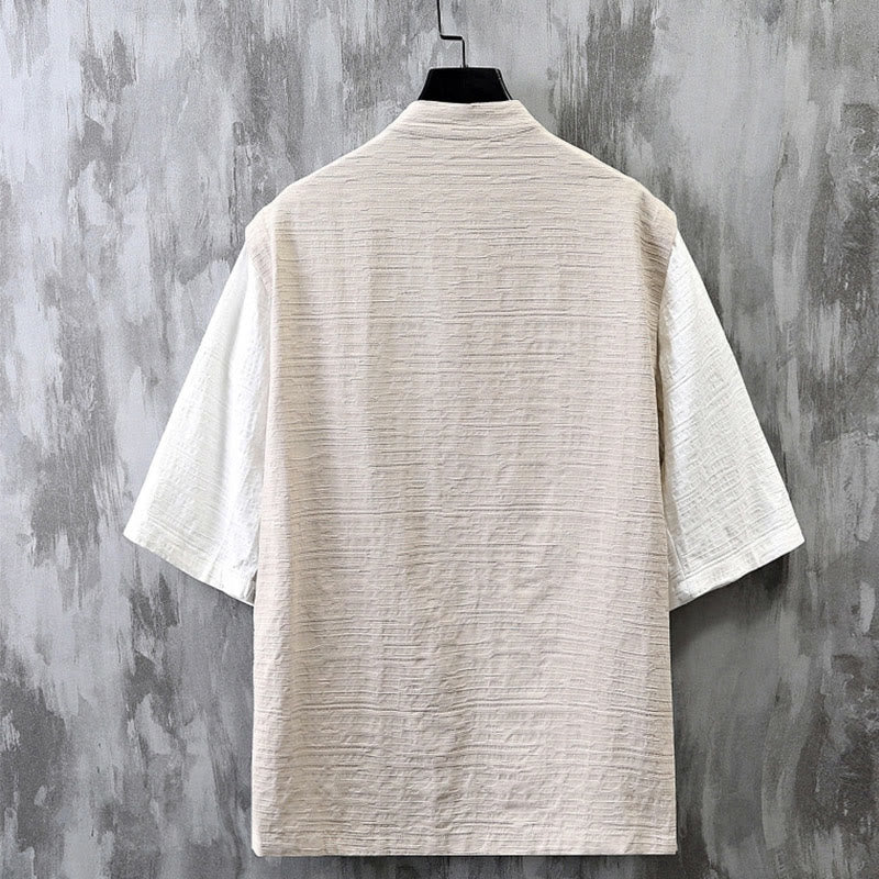 Buddha Stones Summer Patchwork Color Design Men's Half Sleeve Cotton Linen Shirt