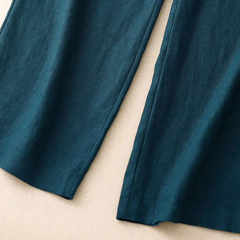 Buddha Stones Summer Casual Simple Design Linen Women's Wide Leg Pants With Zipper Pockets