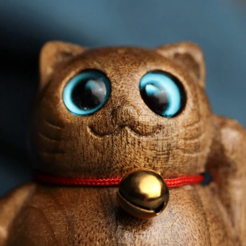 Buddha Stones Mini Lucky Cat Kitten Phoebe Zhennan Wood Blessing Decoration