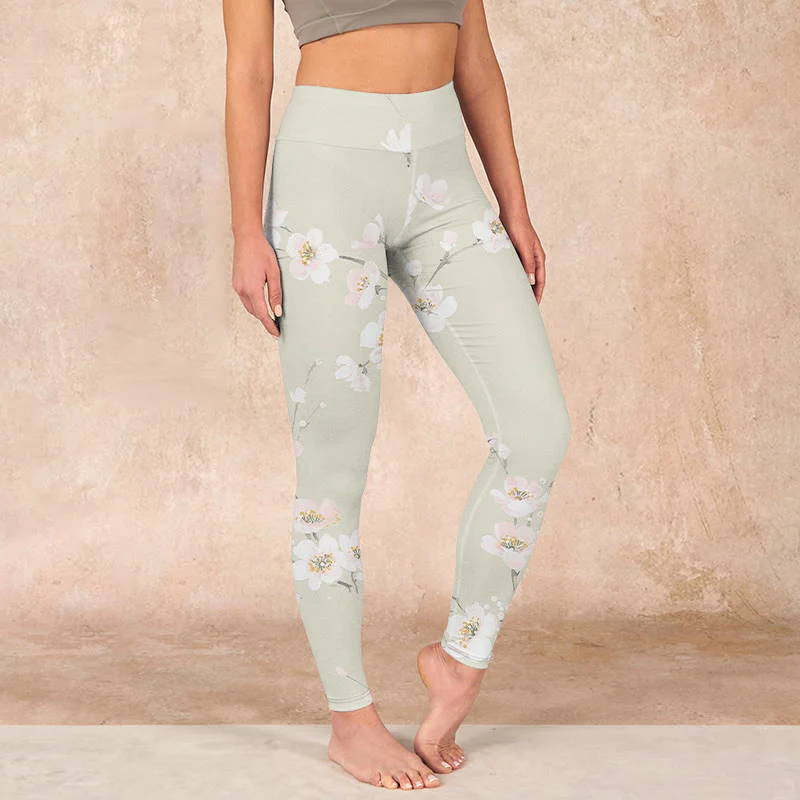 Buddha Stones Beige Plum Blossoms Print Gym Leggings Women's Yoga Pants
