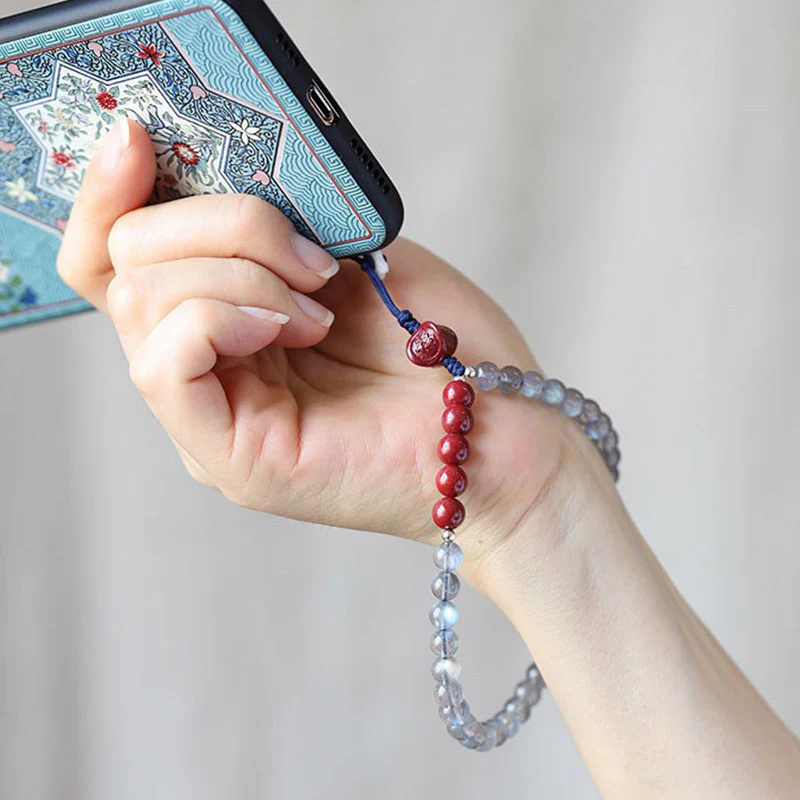 Buddha Stones Natural Moonstone Cinnabar Calm Positive Phone Decoration