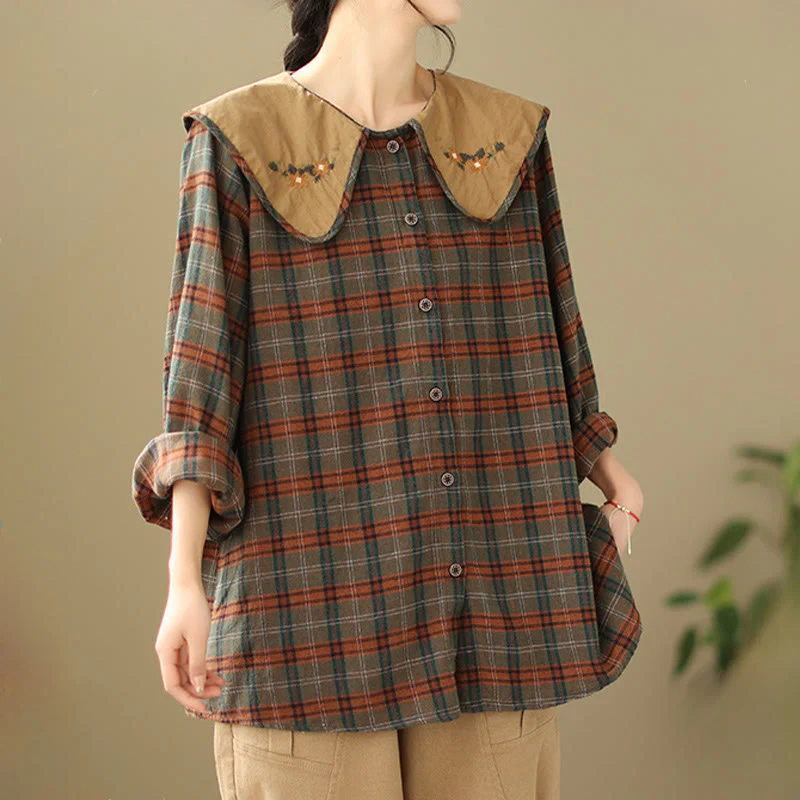 Buddha Stones Embroidered Plaid Pattern Cotton Women's Shirt