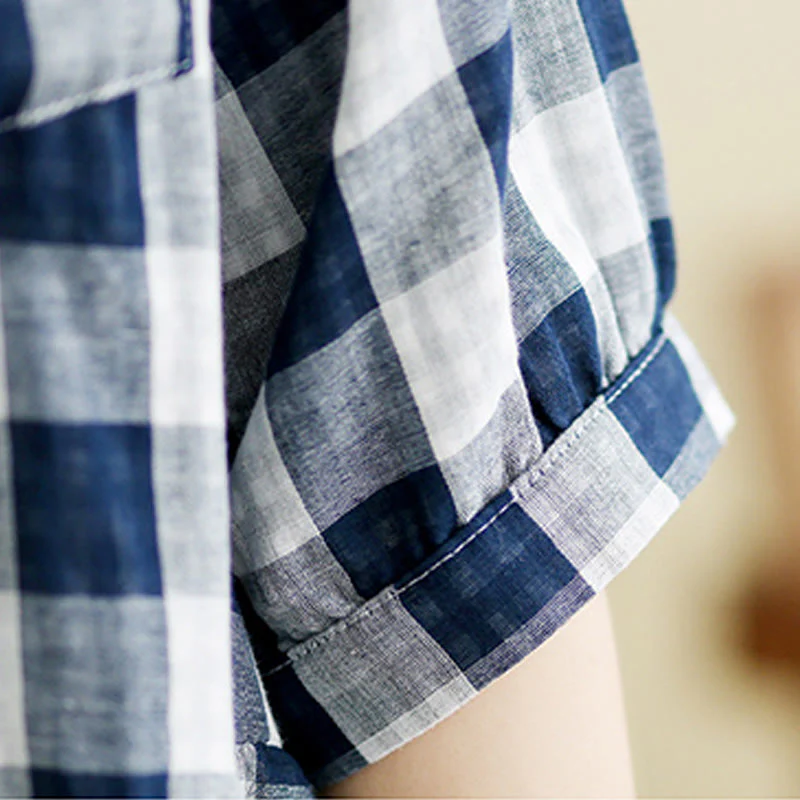 Buddha Stones Casual Plaid Pattern Half Sleeve Cotton Linen Midi Dress With Pockets