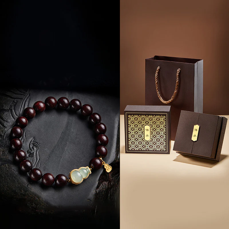 Buddha Stones Small Leaf Red Sandalwood Gourd Jade Calm Relaxation Bracelet