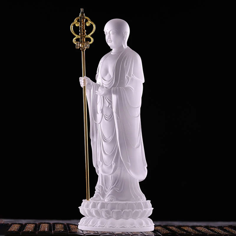 Buddha Stones Handmade Ksitigarbha Bodhisattva Figurine Liuli Crystal Art Piece Serenity Statue Home Decoration