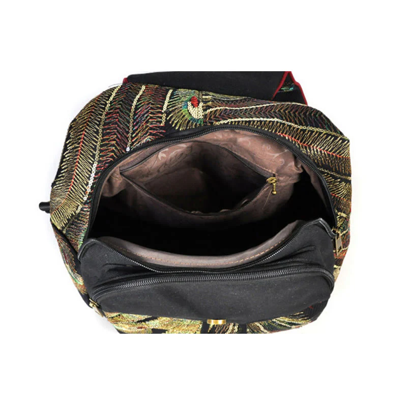 Buddha Stones Peacock Embroidery Canvas Tassel Backpack