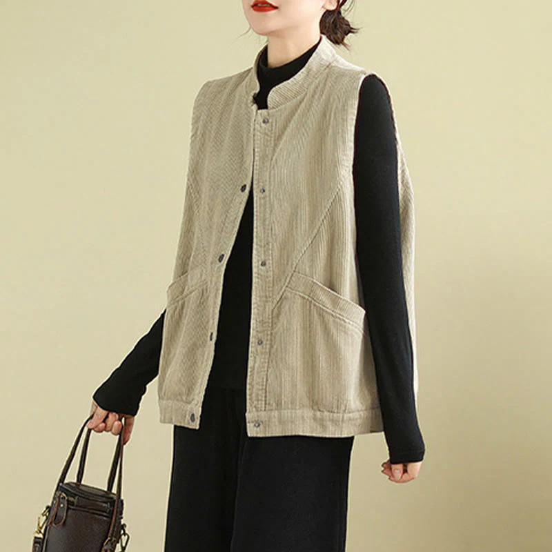 Buddha Stones Plain Sleeveless Women's Cotton Vest Corduroy Waistcoat With Pockets