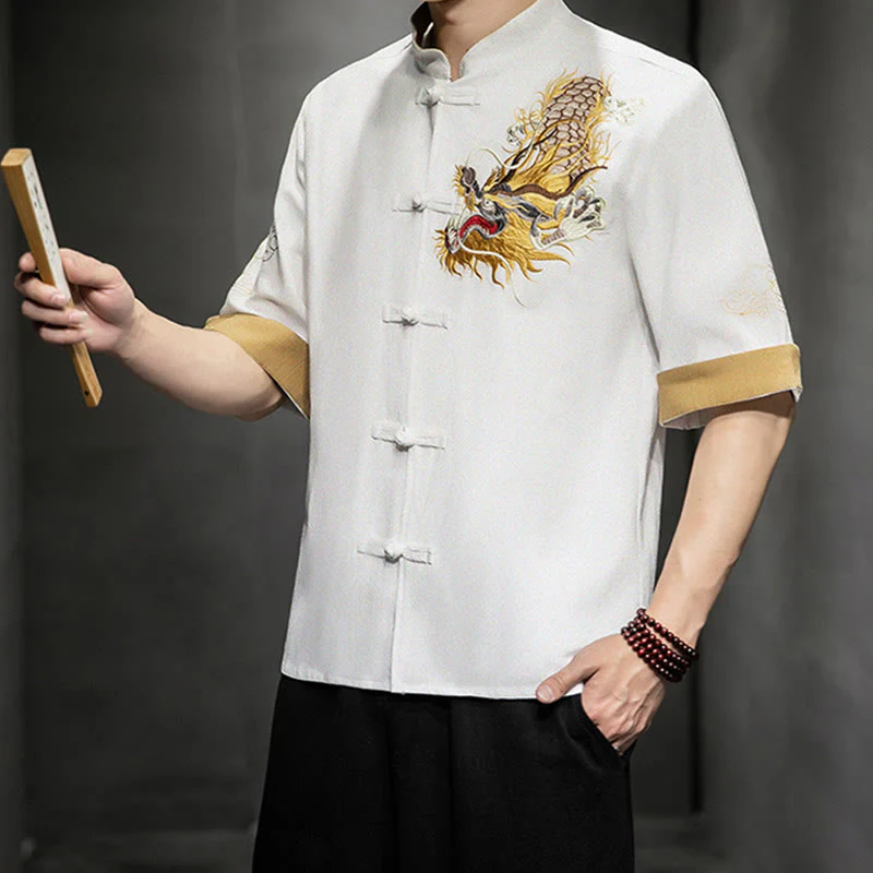 Buddha Stones Frog-Button Chinese Dragon Auspicious Cloud Embroidery Half Sleeve Shirt Cotton Linen Men Clothing