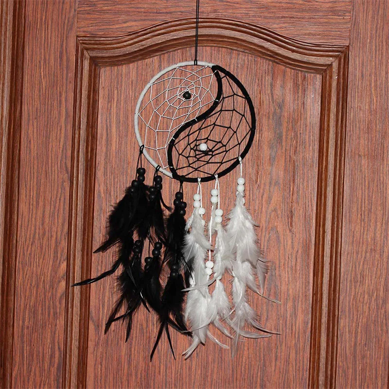 Buddha Stones Yin Yang  Dream Catcher Circular Net with Feathers Balance Decoration