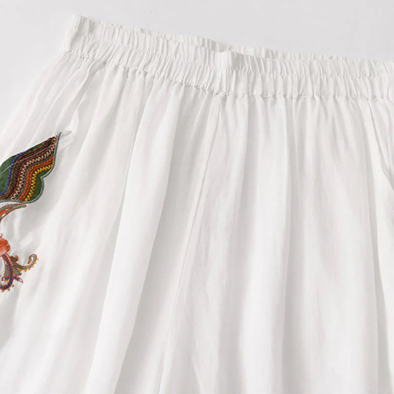 Buddha Stones Casual Flower Embroidery Women's Cotton Linen Elastic Waist  Wide Leg Pants With Pockets