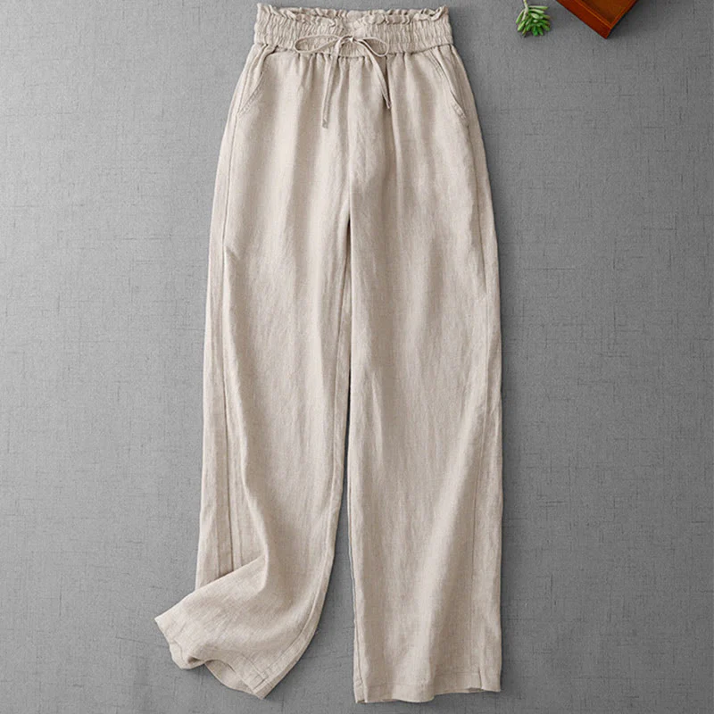 Buddha Stones Casual High Waist Ruffled Drawstring Design Women's Wide Leg Cotton Pants With Pockets