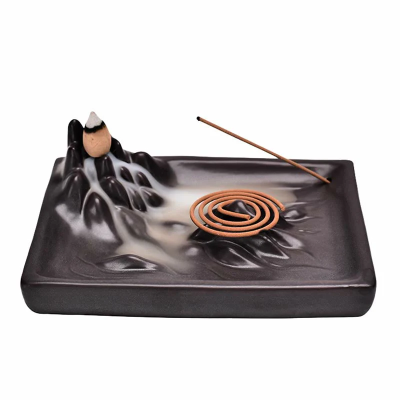 Buddha Stones Mountains Flowing Water Ceramic Blessing Backflow Incense Burner