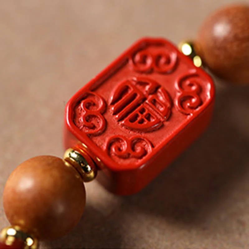 Buddha Stones Cinnabar Wood Beads Lotus Fu Character Blessing Bracelet