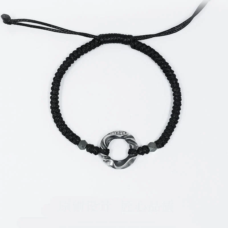 Buddha Stones 999 Sterling Silver Peace Buckle Black Wax Rope Protection Bracelet