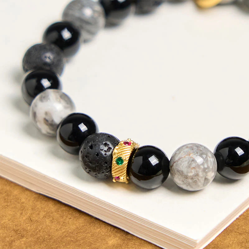 Buddha Stones Lava Rock Black Onyx Picasso Jasper Healing Bracelet