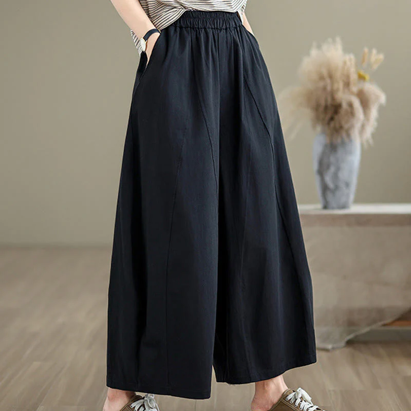 Buddha Stones Casual Plain Cotton Women's 7-8 Length Wide Leg Pants With Pockets