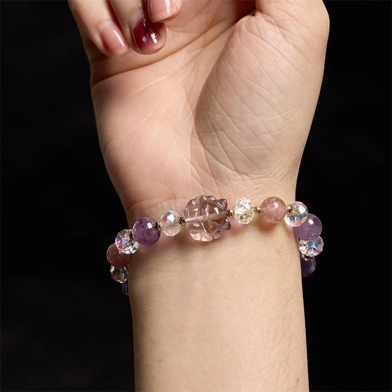 Buddha Stones Amethyst Strawberry Quartz White Crystal Nine Tailed Fox Meditation Bracelet