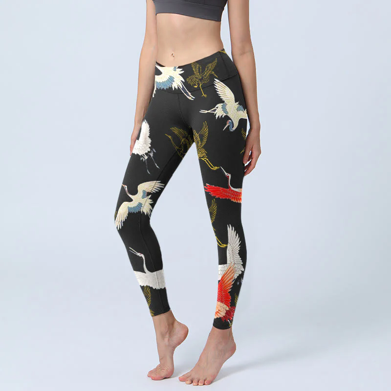 Buddha Stones White Red Gold Cranes Print Gym Leggings Women's Yoga Pants