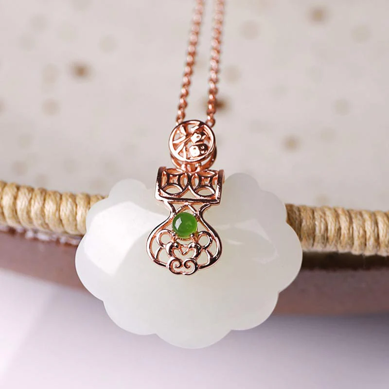 Buddha Stones 925 Sterling Silver White Jade Blessing Happiness Necklace Chain Pendant