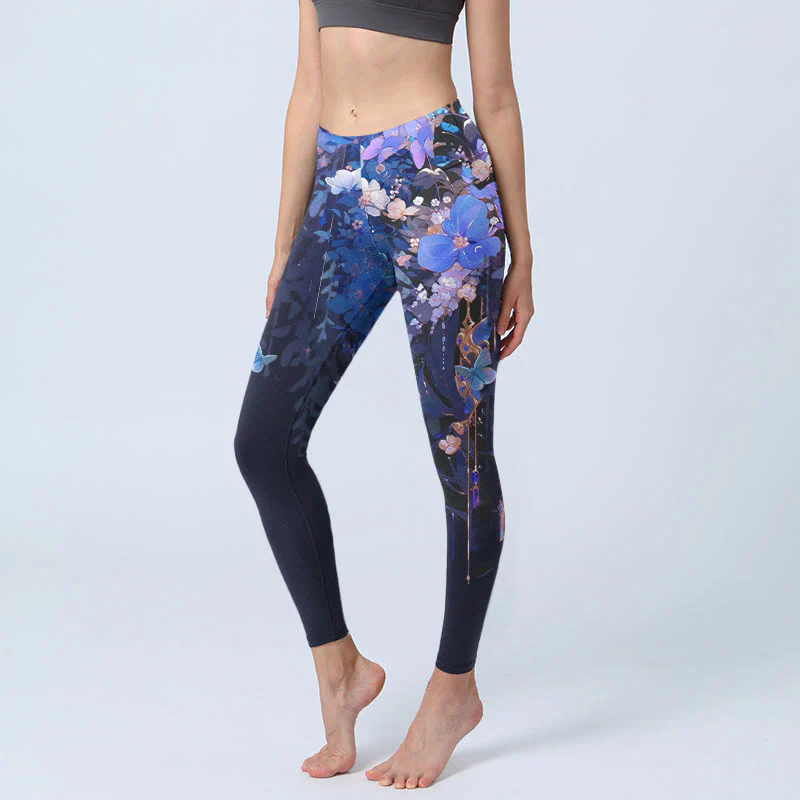Buddha Stones Purple Flower Butterfly Pattern Print Gym Leggings Women's Yoga Pants