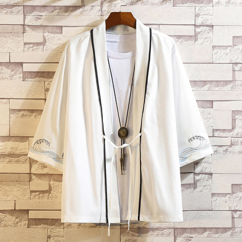 Buddha Stones Embroidery Dragon Phoenix Auspicious Cloud Waves Leaves Cranes Open Front Jacket Men's Kimono