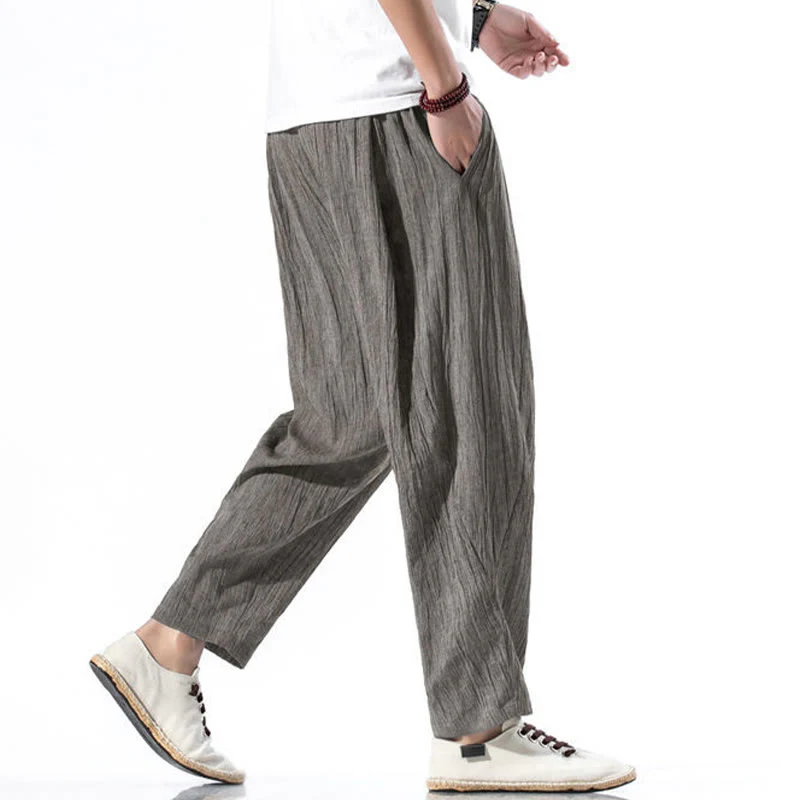 Buddha Stones Casual Plain Pleated Design Drawstring Men's Long Cotton Linen Harem Pants With Pockets