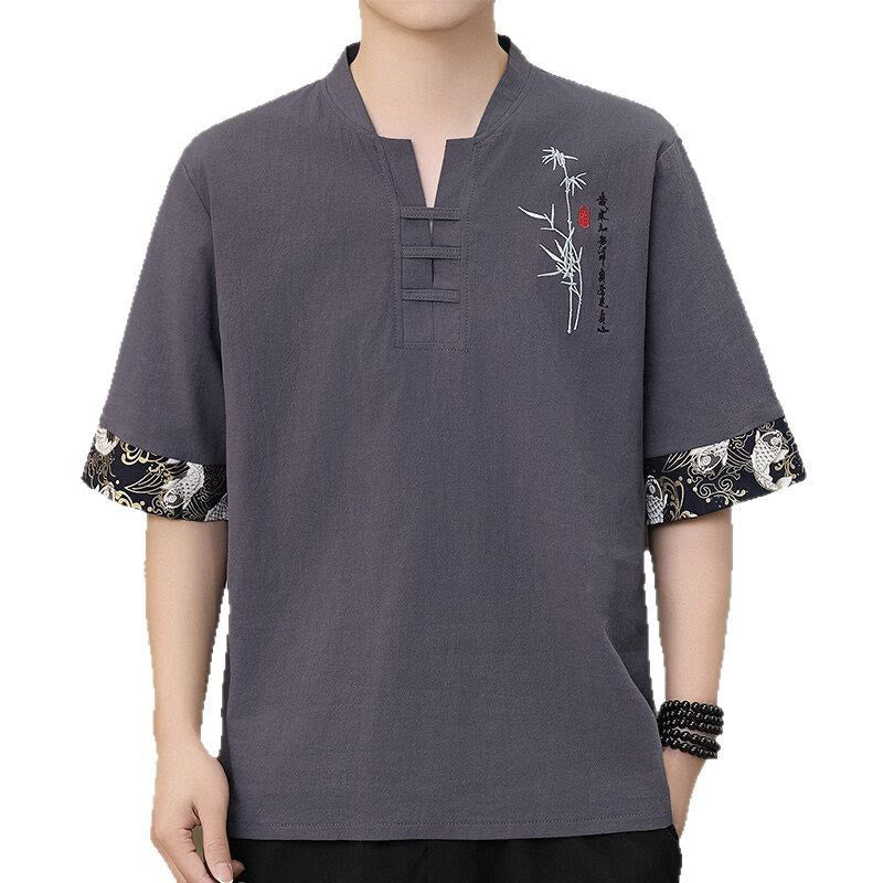 Buddha Stones Summer Embroidery Bamboo Pattern Patchwork Design Men's Half Sleeve Cotton Linen T-Shirt