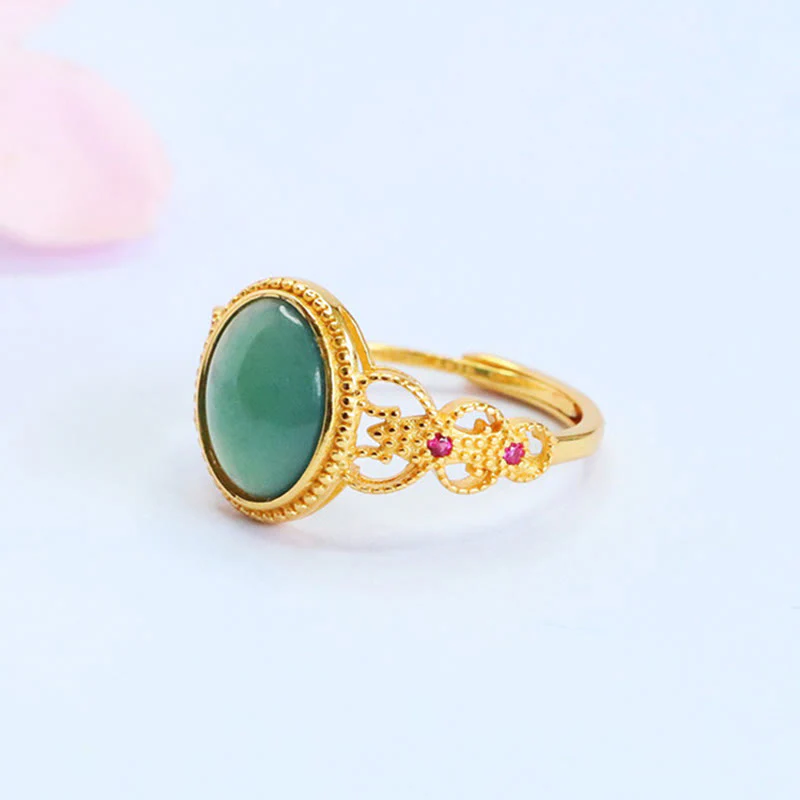 Buddha Stones Natural 925 Sterling Silver Plated Gold Hollow Design Jade Luck Ring