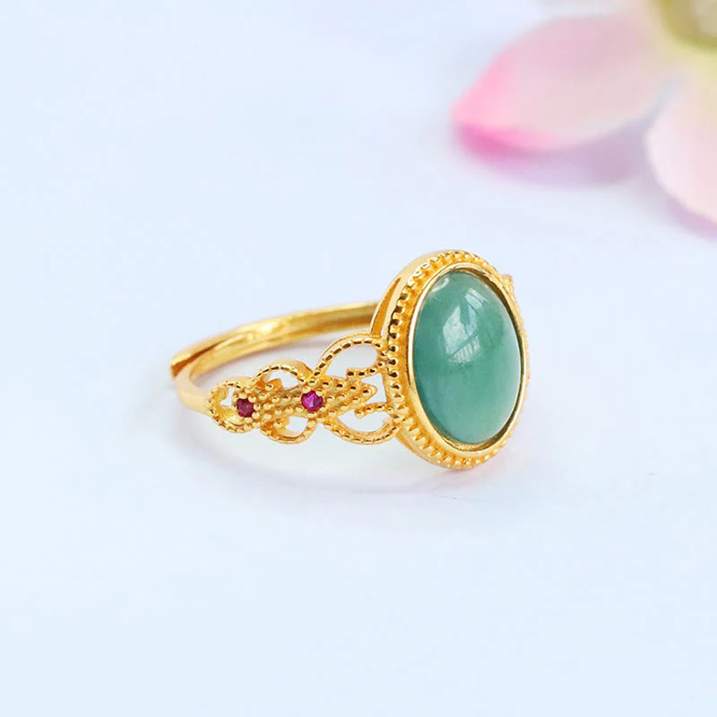 Buddha Stones Natural 925 Sterling Silver Plated Gold Hollow Design Jade Luck Ring