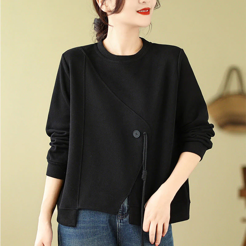 Buddha Stones Fall Plain Button Crew Neck Cotton Pullover Women's Sweatshirt
