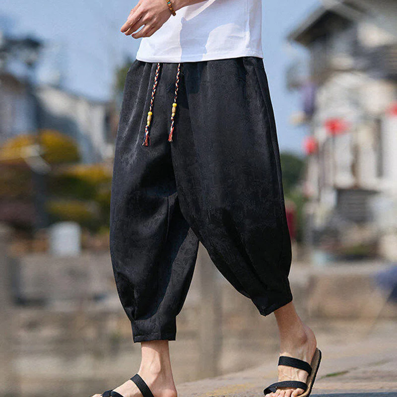 Buddha Stones Summer Character Embroidery Design Drawstring Men's 7-8 Length Pants With Pockets