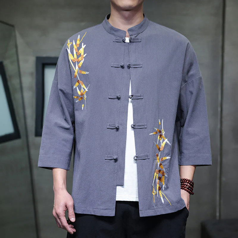 Buddha Stones Embroidery Men's  Chinese Frog-Button Three Quarter Sleeve Shirt Clothing
