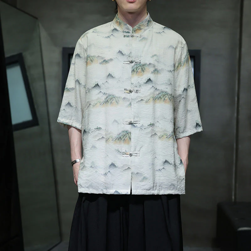 Buddha Stones Ink Painting Mountains Chinese Frog-Button Tang Suit Men's Half Sleeve Cotton Linen Shirt